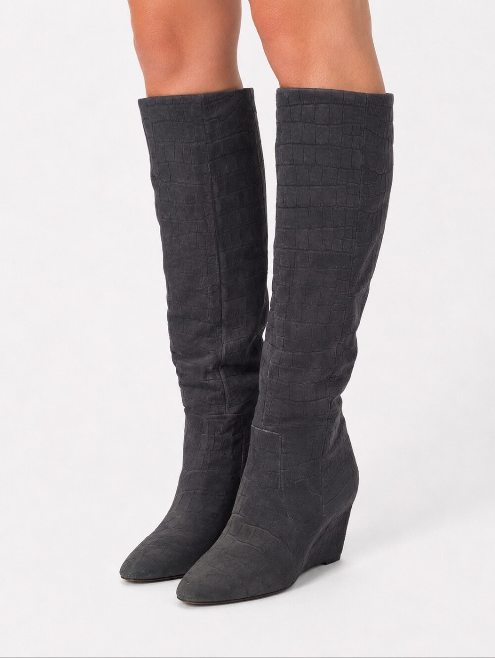 B Brian Atwood Bomand Croc Embossed Wedge Knee Boots Size 5.5 Dark Grey